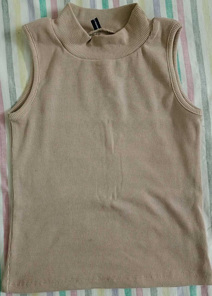 Ribbed Mock Neck Sleeveless Top - beige