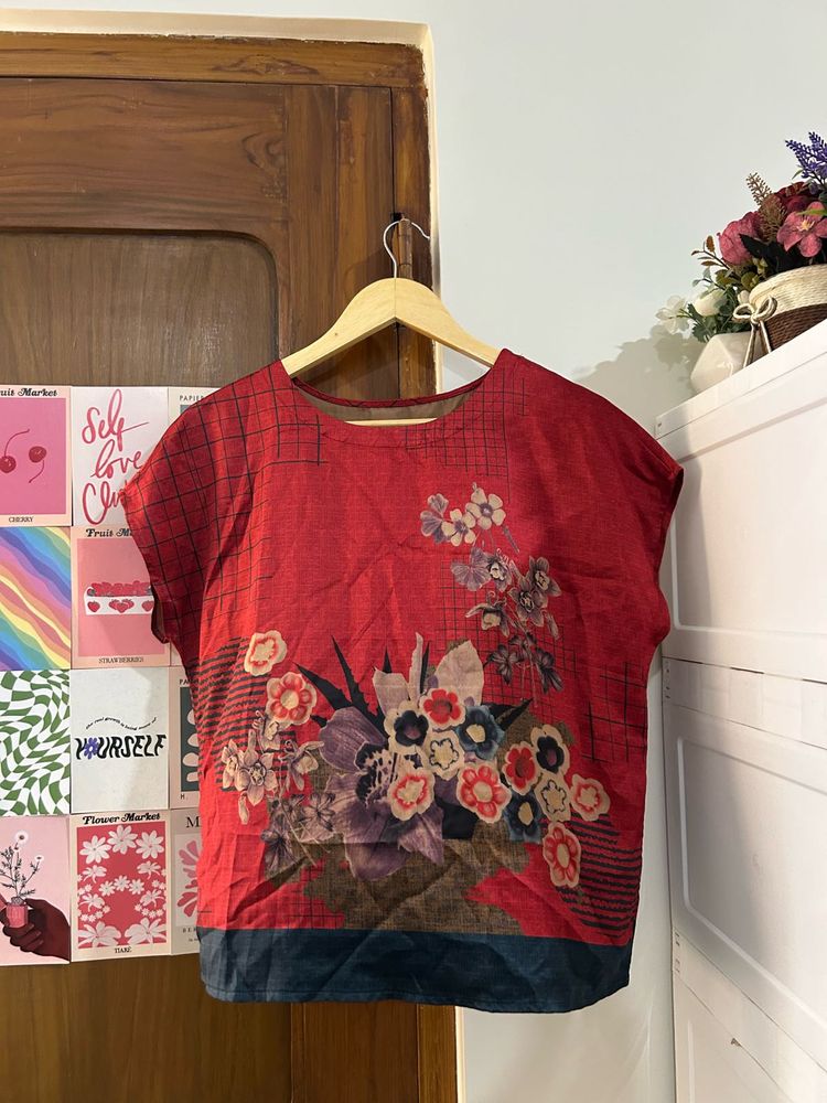 Red Floral Print Short Sleeve Top