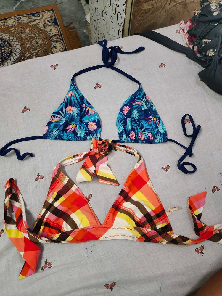 Tropical &amp; Plaid Bikini Tops Set
