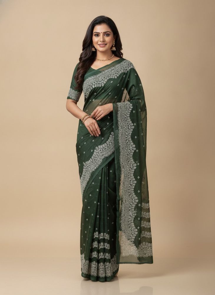 Elegant Dark Green Saree with White Border