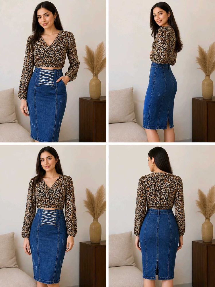 Denim Pencil Skirt with Lace-Up Detail