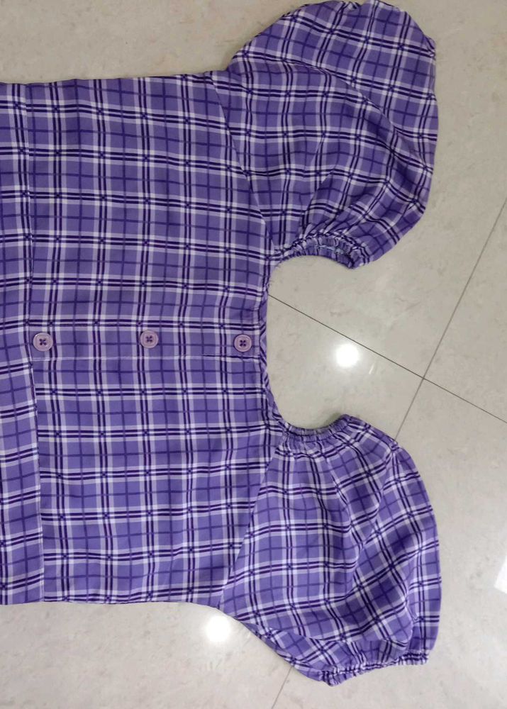 Cute Purple Plaid Puff Sleeve Top