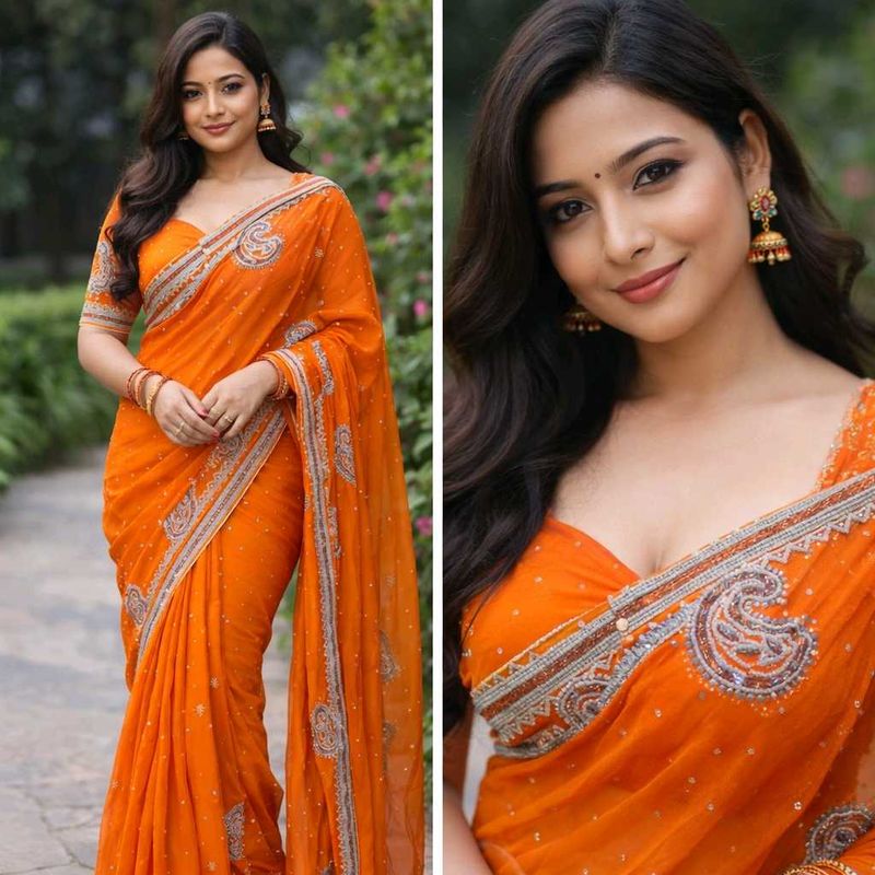 Heavy Orange Embroidered Saree