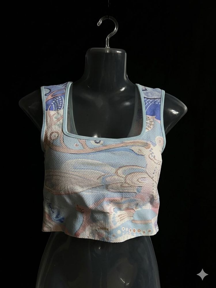 Trendy Blue Cloud Print Cropped Top