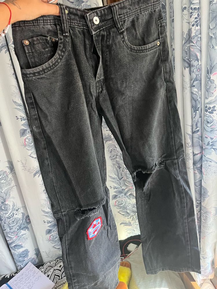Distressed Black Jeans with Patches