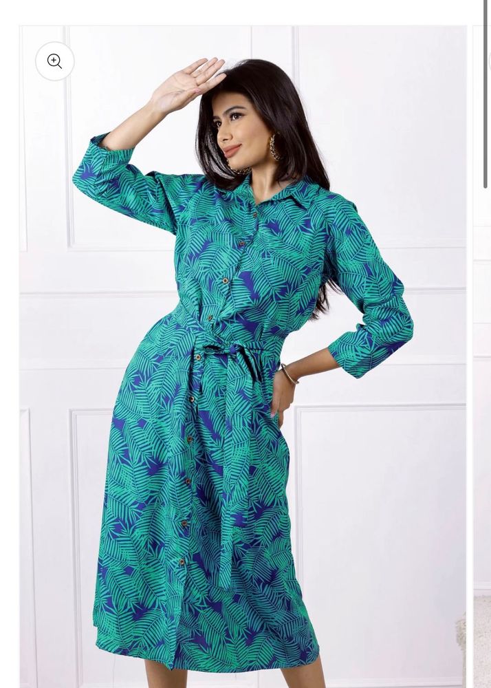 Green Leaf Print Shirt Dress