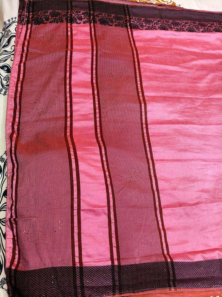 Pink Saree with Striped Border