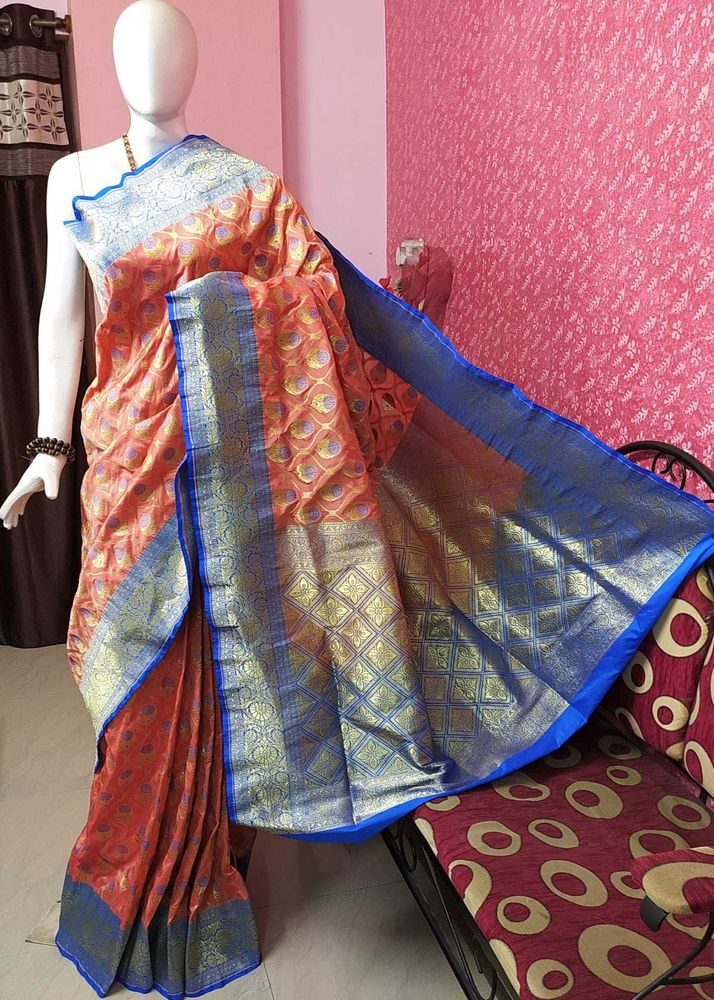 New Orange &amp; Blue Silk Banarasi Saree with bp