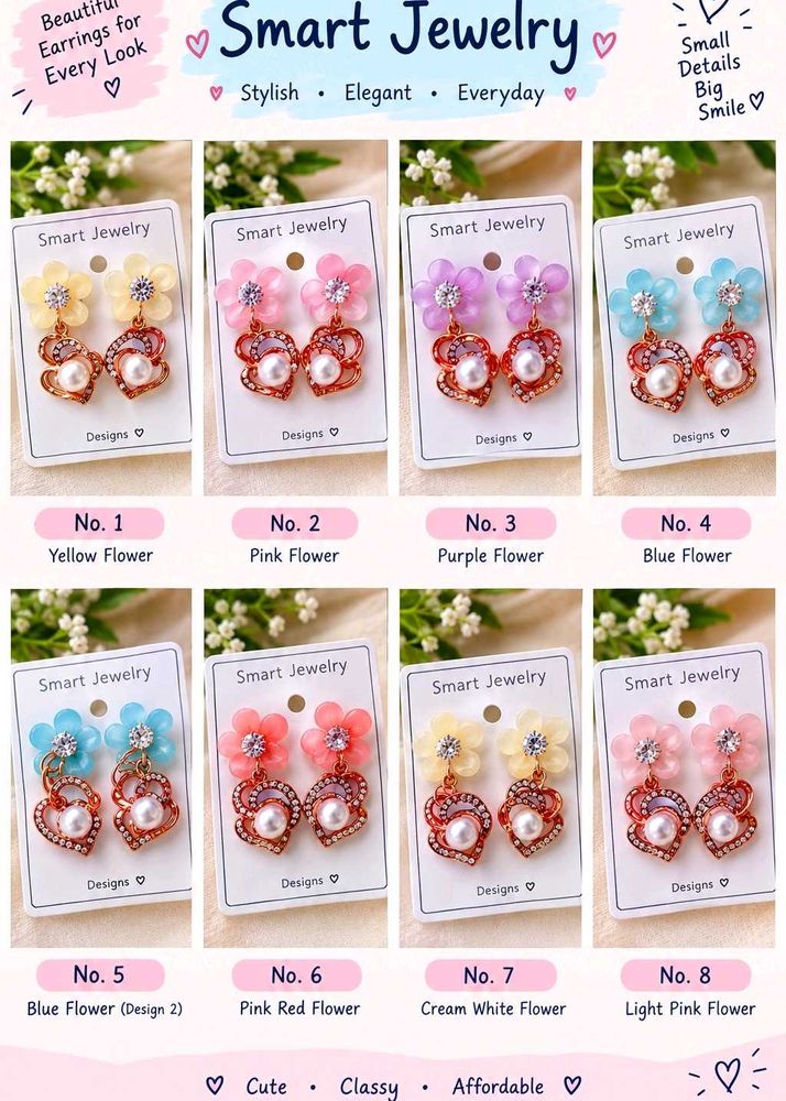 Cute Flower &amp; Pearl Earrings Set 24 pairs