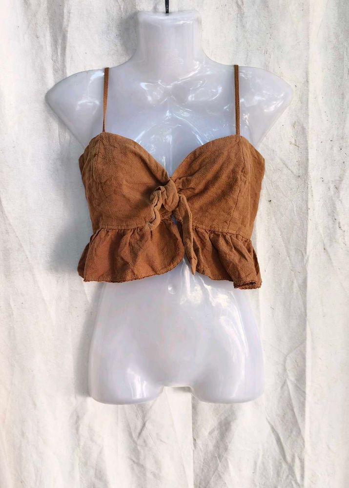 I. Brown Tie-Front Peplum Top