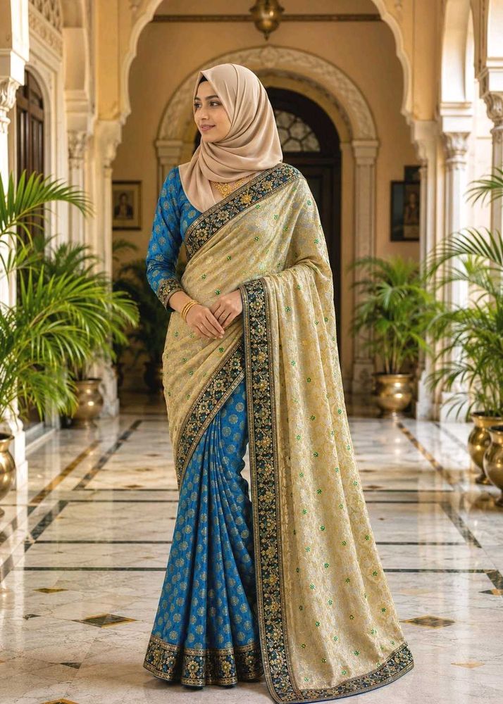 Elegant Beige &amp; Blue Silk Saree
