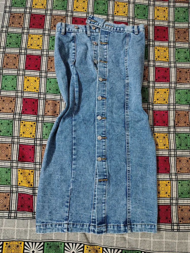 Vintage Wash Denim Button-Front Midi Skirt