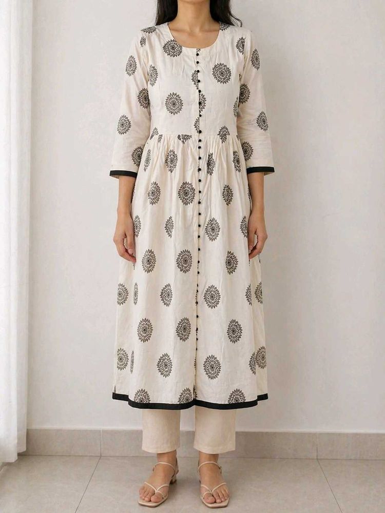 Anarkali Kurta/ A-line Elegant Ivory Printed