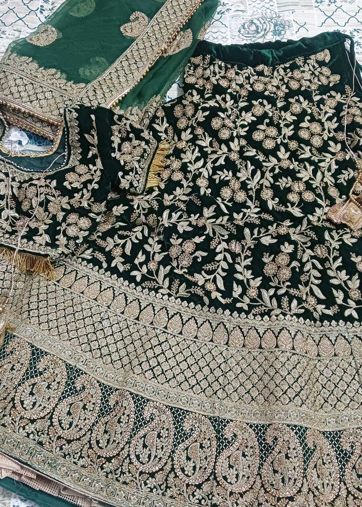 Bottle Green Bridal Embroiderd Velvet Lehenga