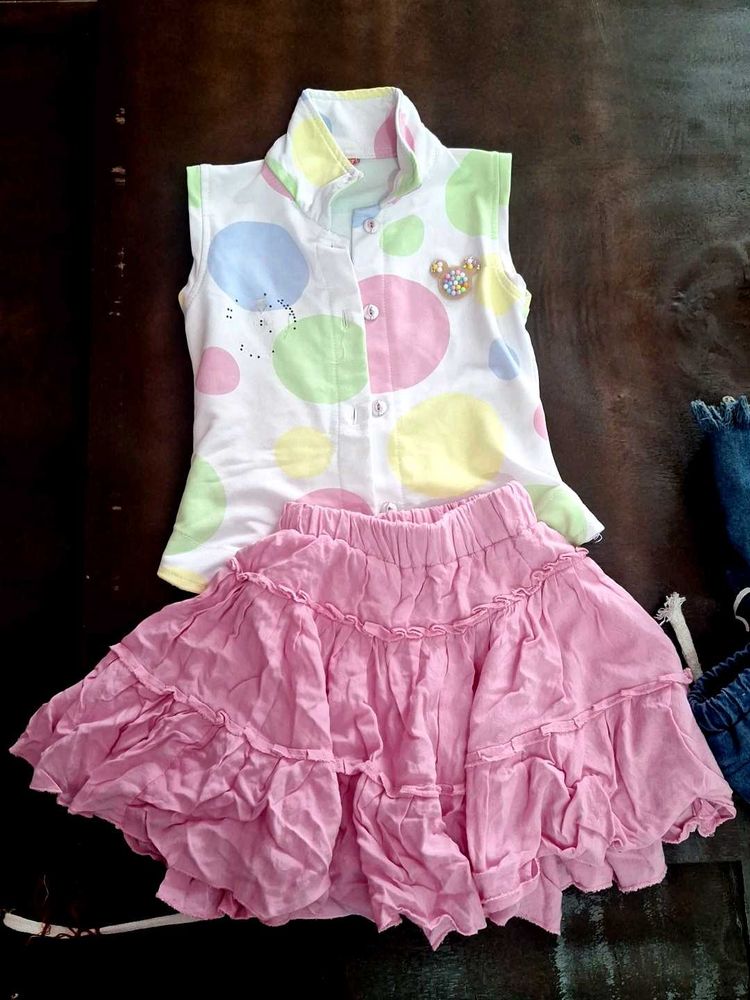 Cute Girls Dot Print Top &amp; Skirt Set