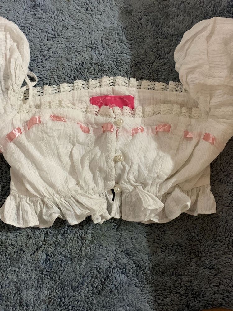 White Cottagecore ribbon top with babydoll inner