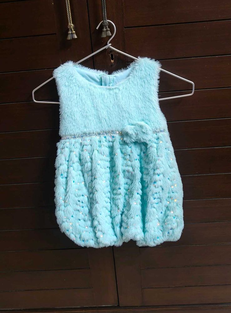 Little Kangaroos Blue Fuzzy Fur Bow Girl Dress