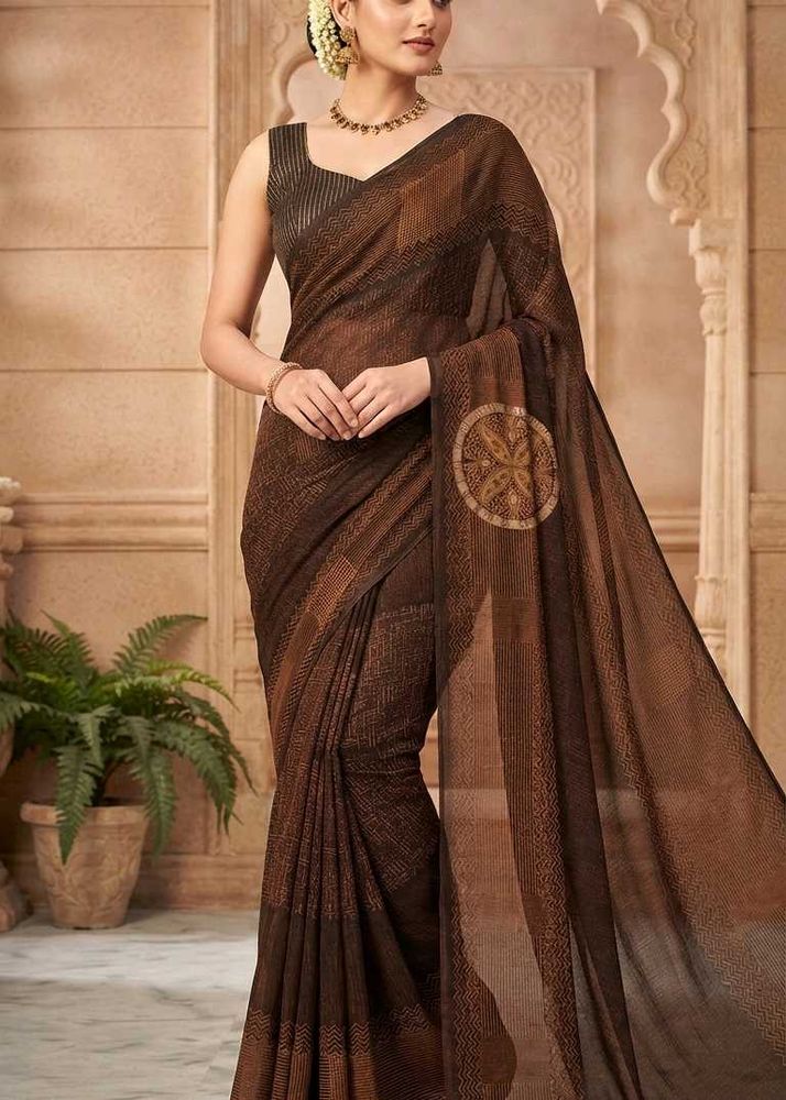 Elegant Brown Printed Saree