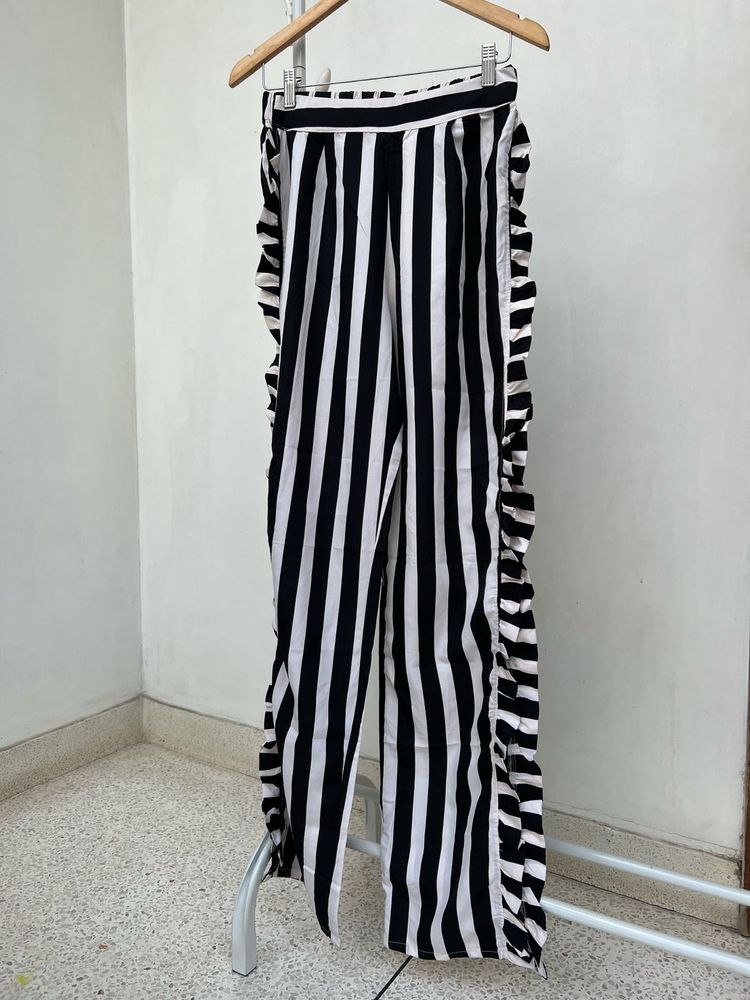 Striped Ruffle Detail Slit Pants