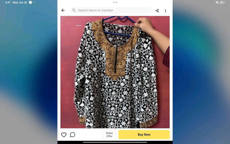 Embroidered Black and White Kurta