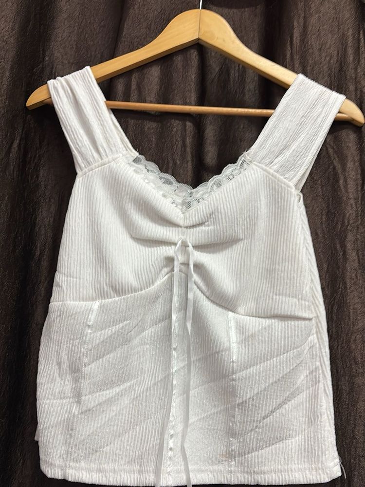 White Lace Trim Cinched Top