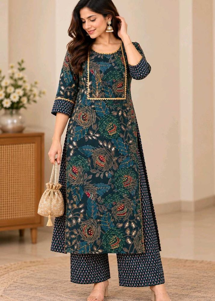 Libas Teal Botanical Print Embellished Kurta Set