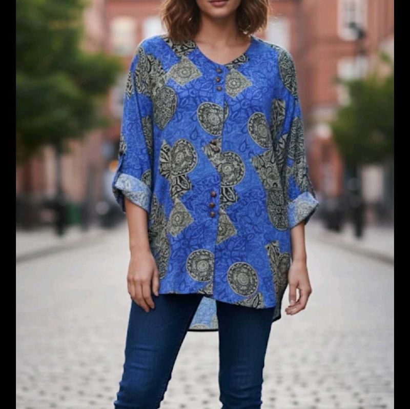 Blue Printed Kurta with Button Detail