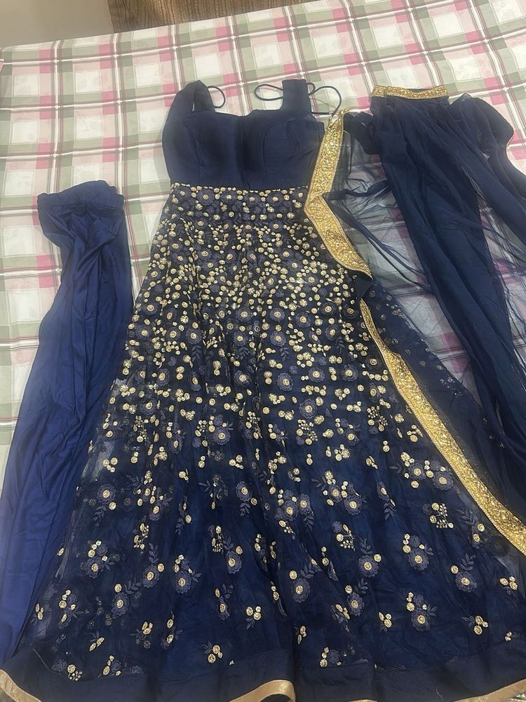 Elegant Navy Blue Floral Anarkali Gown