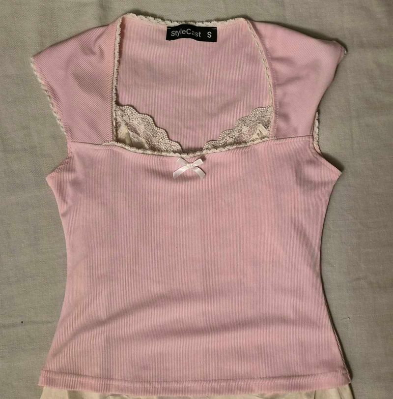 cute coquette pink lace Trim tank top