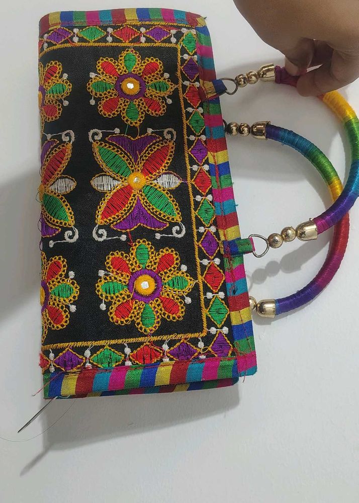 Embroidered Clutch Bag with Rainbow Handles