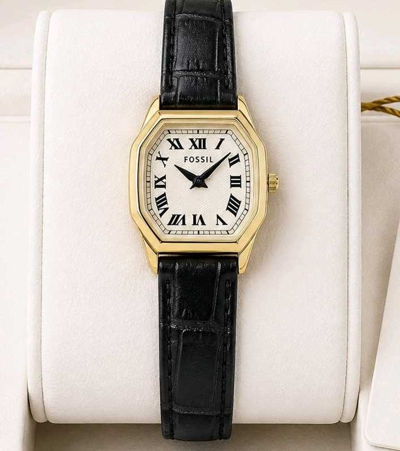 Fossil Gold Tone Watch with Black Leather Strap