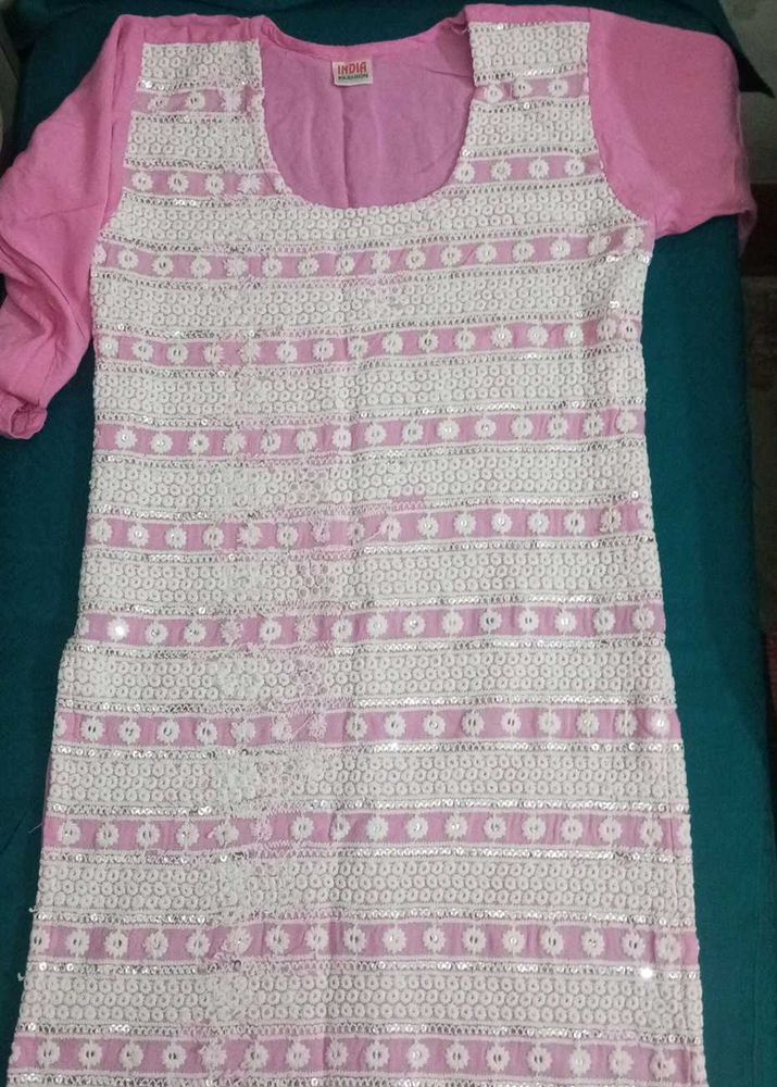 Pink &amp; White Embellished Kurti