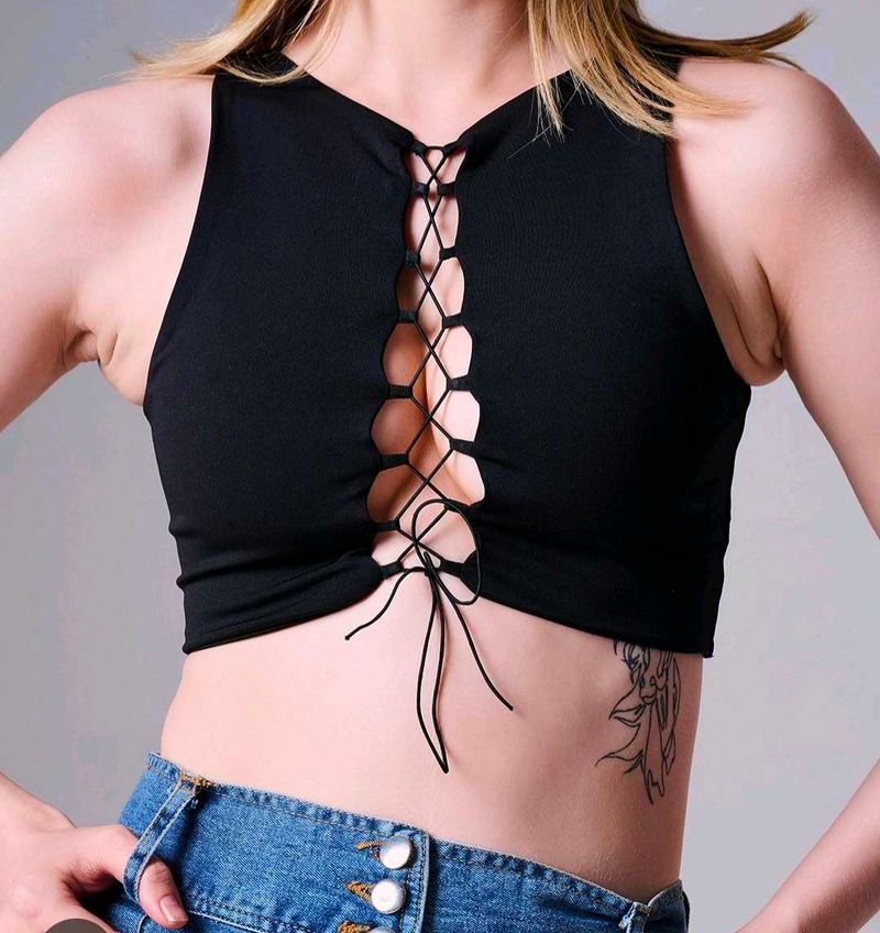 Black Lace-Up Crop top