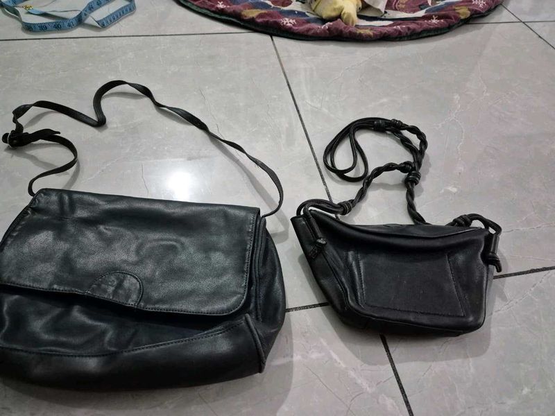 Set of 2 Black Leather Shoulder Bags