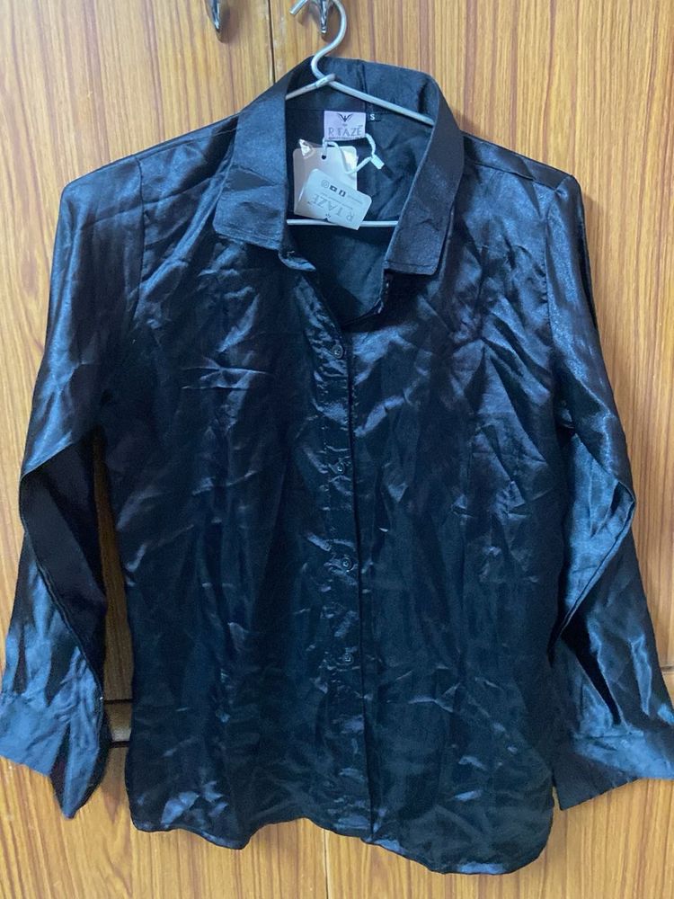 Shiny Black Button-Up Blouse