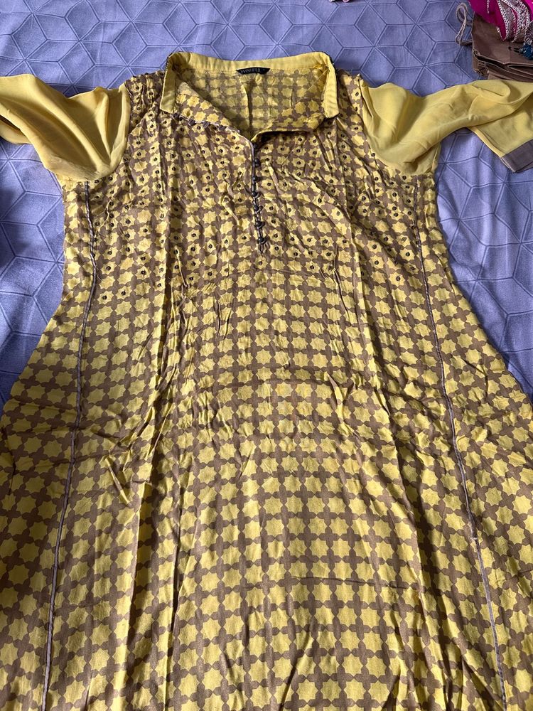 Yellow &amp; Brown Printed Kurta