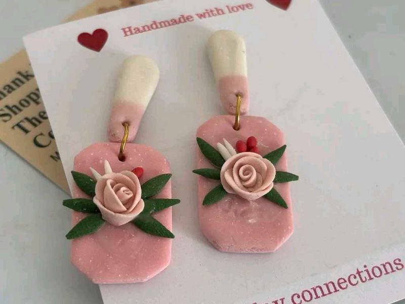 Handmade Pink Rose Dangle Earrings