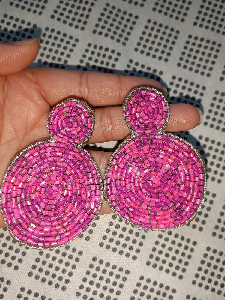 Vibrant Pink Beaded Hoop Earrings