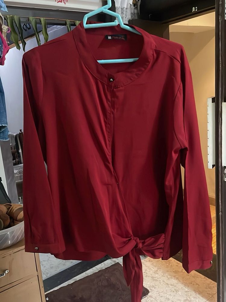 Maroon Tie-Front Blouse