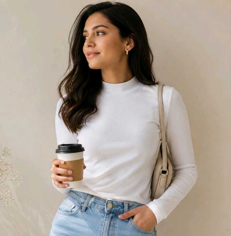 White Ribbed Mock Neck Long Sleeve Top