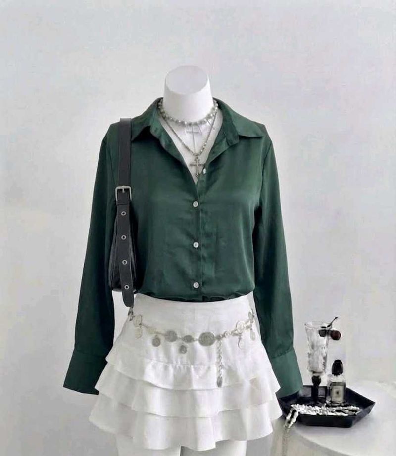 Emerald Green Satin Button-Up Shirt