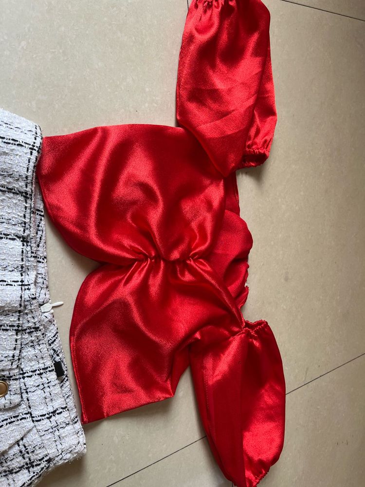 Red Satin Puff Sleeve Top