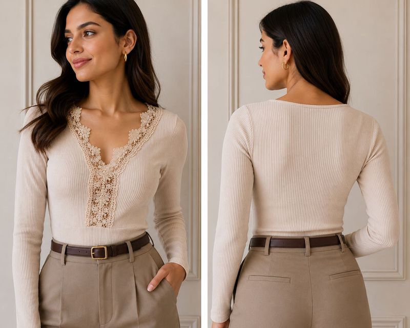 H&amp;M Cream/Light Pink Lace Trim Ribbed Bodysuit