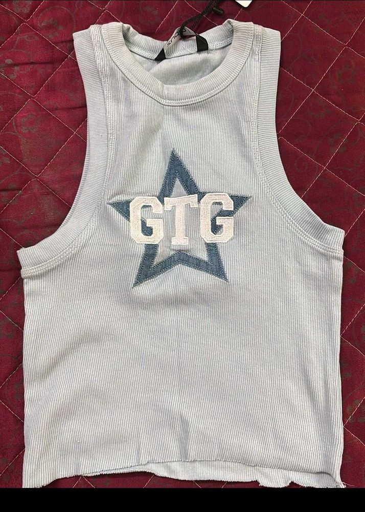 Blue Ribbed Tank Top with Star GTG Graphic