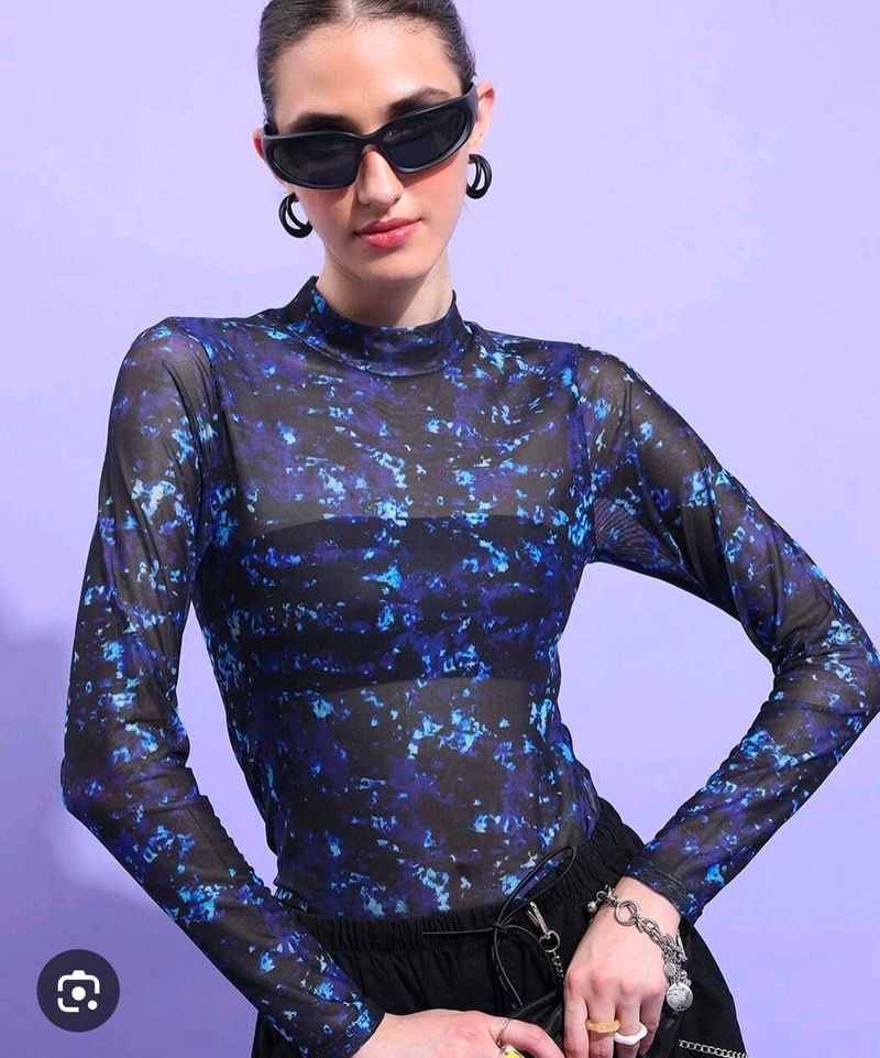 Mesh Print Mock Neck Top