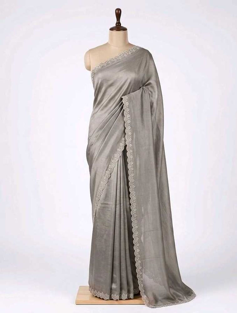 Elegant Grey Silk Saree with Embellished Border