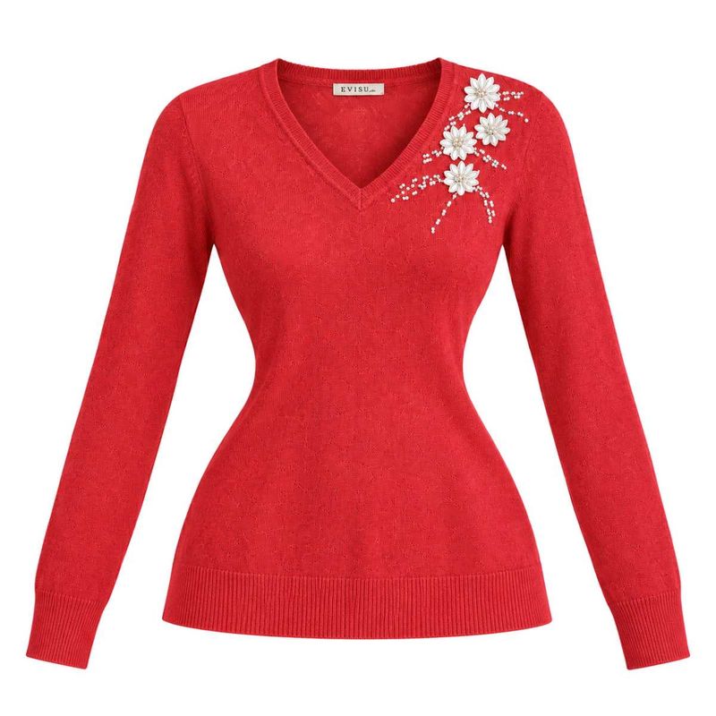 Elegant Red V-Neck Embellished Sweater🌷
