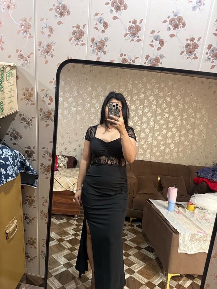 Elegant Black Lace Detail Maxi Dress🦋🎀