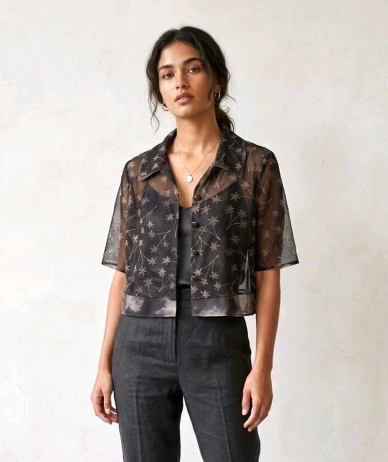 Sheer Floral Button-Up Shirt