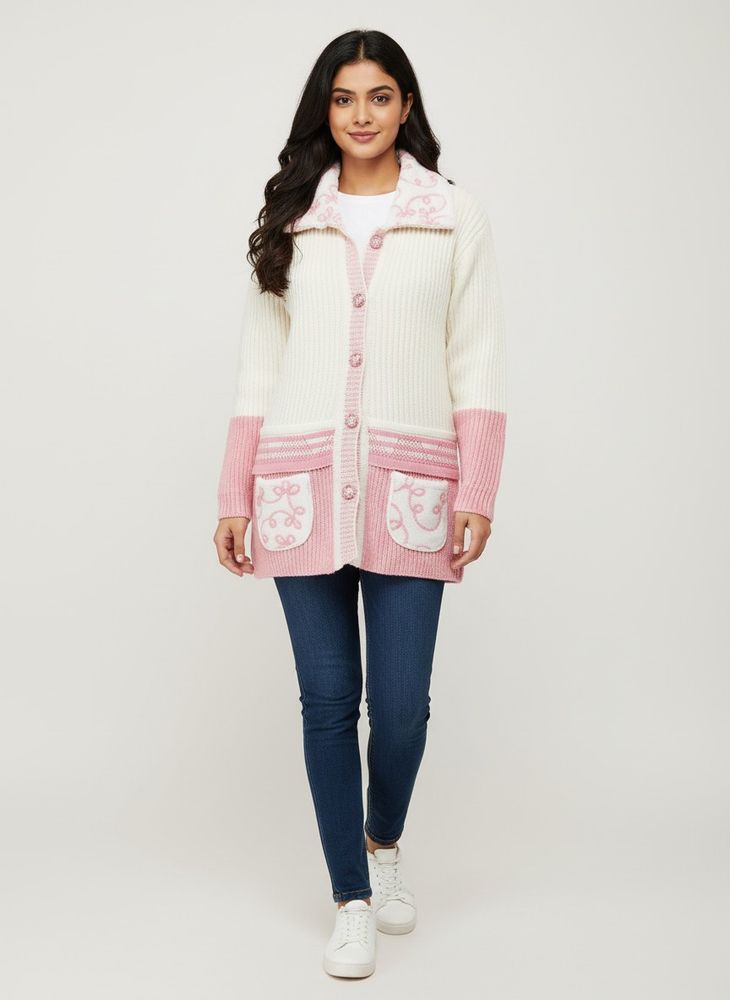 Chic Knit Cardigan with Pink Accents